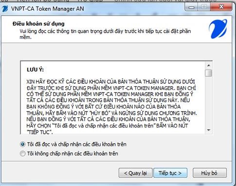 Màn hình hiển thị nhấn “Tiếp tục”. Rồi tích vào ô “Tôi đã đọc và chấp nhận các điều khoản trên” và bấm "Tiếp tục” để thực hiện cài đặt.